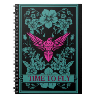 TIME TO FLY - Exotic pink bird/dusky blue flowers Notebook