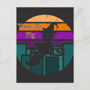 Time To Fly - Halloween Retro Sunset Witch Cat Postcard
