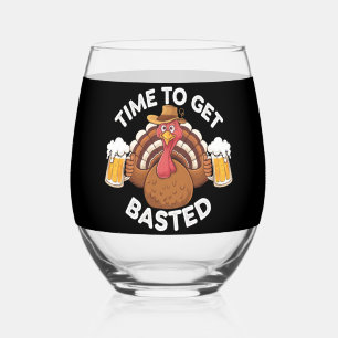Time To Get Basted Funny Beer Thanksgiving Turkey Stemless Wine Glass