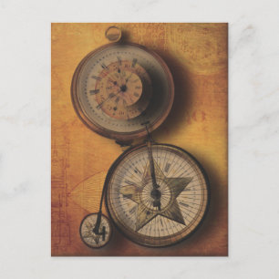 Time to Go Steampunk Clock on Victorian Bicycle Postcard