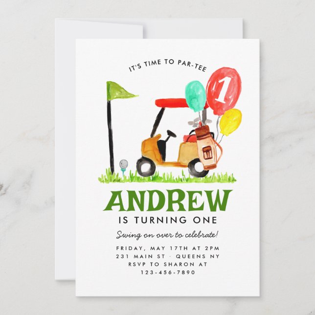 Time to Par-tee Golf Cart Balloon Golf Birthday Invitation (Front)