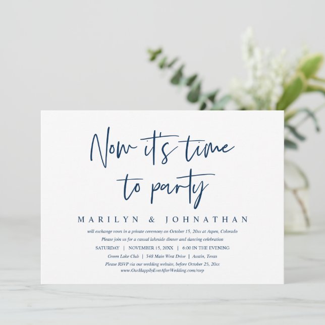 Time To Party, Casual Wedding Elopement Dinner Inv Invitation (Standing Front)