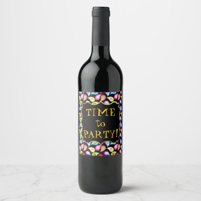 Time To Party! Colourful Flower Paisleys Wine Label (Front)