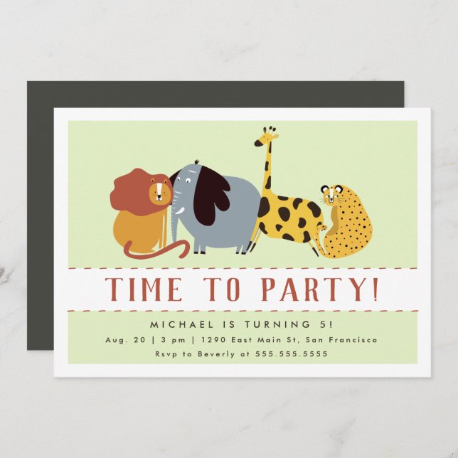 Time To Party! Cute Jungle Animals Kids Birthday Invitation (Front/Back)