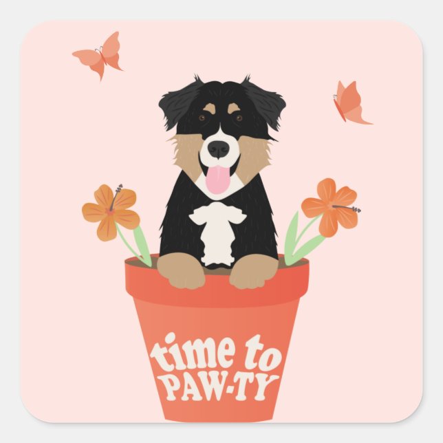 Time To Pawty Australian Shepherd Dog Square Sticker (Front)