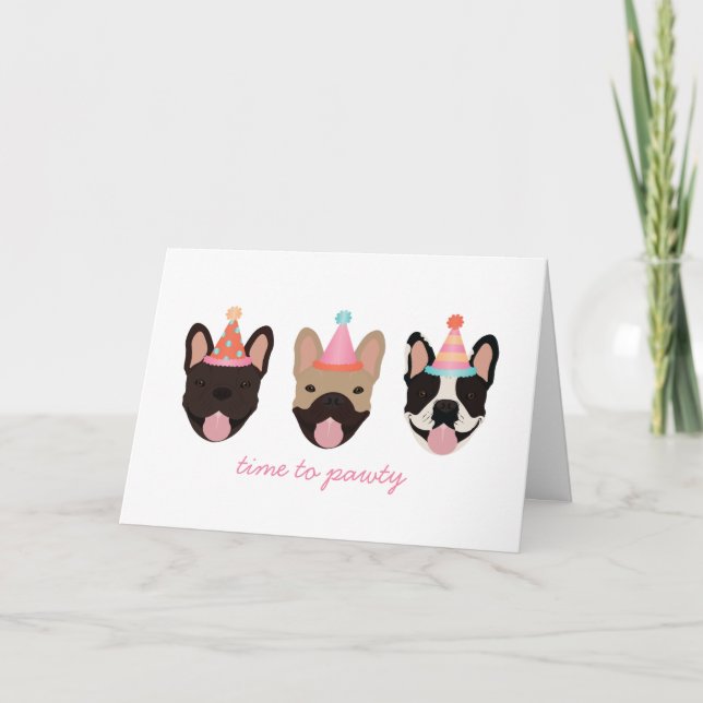 Time To Pawty French Bulldog Party Hats Pink Card (Front)