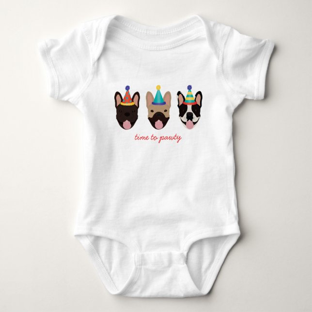 Time To Pawty French Bulldog Party Hats Red Baby Bodysuit (Front)