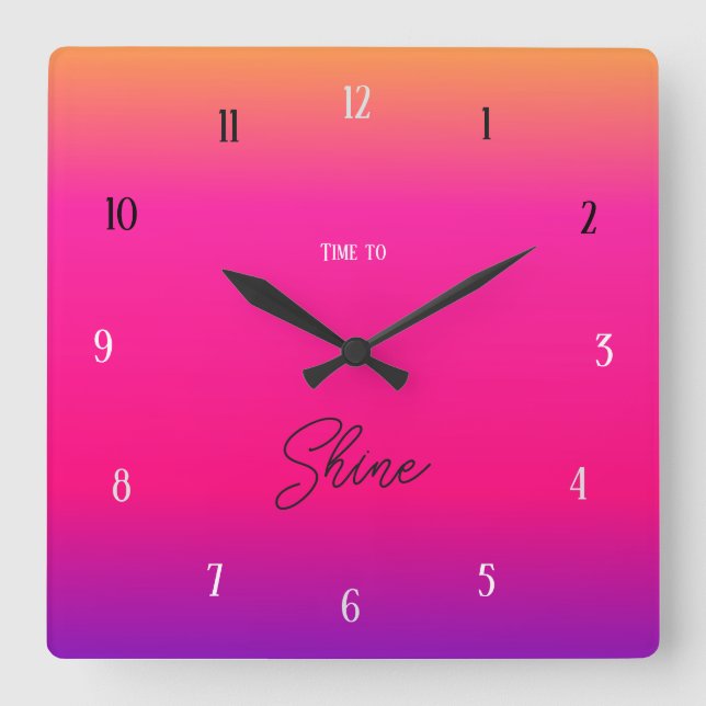 Time to Shine – Bold Sunset Gradient Square Wall Clock (Front)