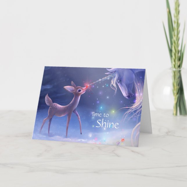 Time to Shine Magical Unicorn Rudolph Christmas Holiday Card (Front)