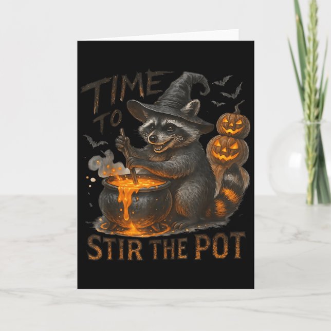 Time To Stir T Funny Racoon Retro Halloween Anima Card (Front)