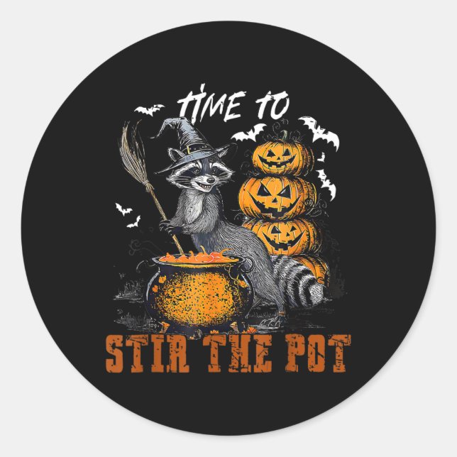 Time To Stir The Pot Funny Racoon Witch Halloween Classic Round Sticker (Front)