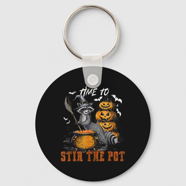 Time To Stir The Pot Funny Racoon Witch Halloween Key Ring (Front)