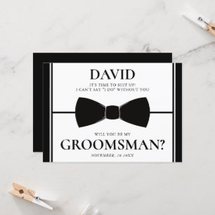Time to Suit Up Elegant Black/White Groomsman Card