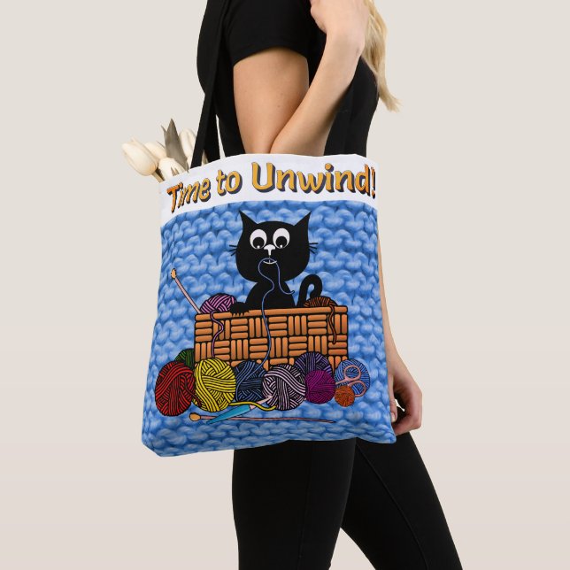 Time to Unwind Cat Knitting Tote Bag (Close Up)