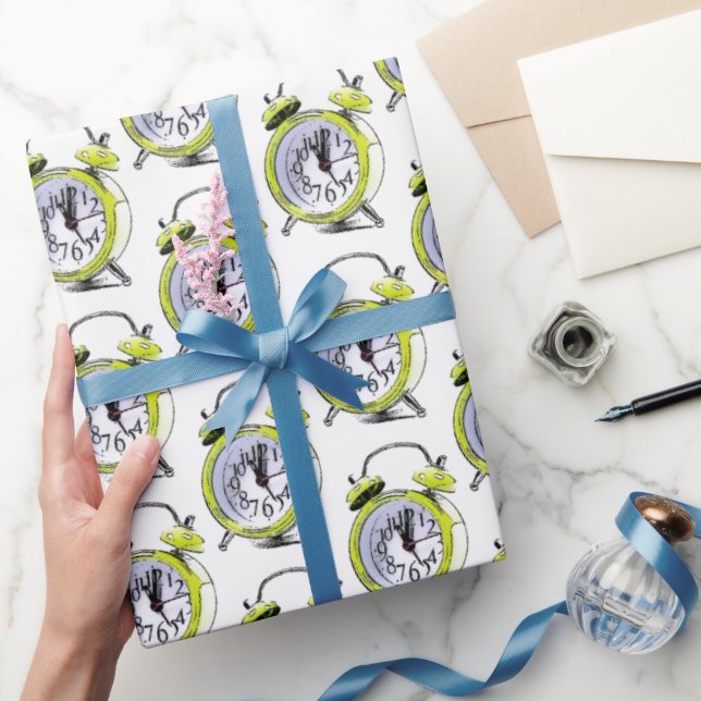 Time to Wake Up Yellow Alarm Clock Drawing Wrapping Paper (Gifting)