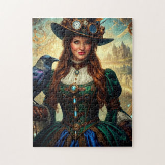 Time Traveling Steampunk Lady with Crow Jigsaw Puzzle