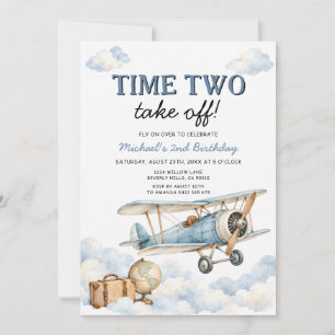 Time Two Take Off Vintage Aeroplane 2nd Birthday Invitation