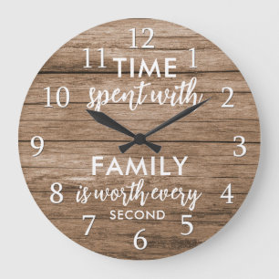 Time With Family Quote Typography Rustic Wood Large Clock