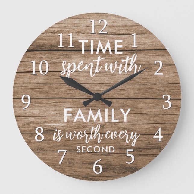 Time With Family Quote Typography Rustic Wood Large Clock (Front)