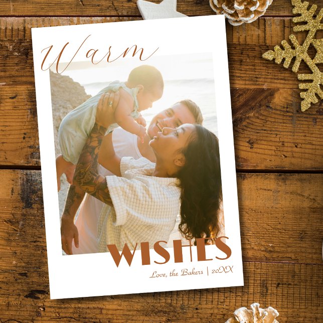 Timeles Brown Warm Wishes Two Beach Family Photo Holiday Card (Creator Uploaded)