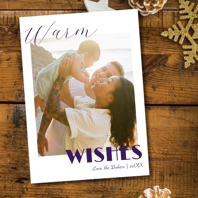 Timeles Purple Warm Wishes Two Beach Family Photo Holiday Card (Creator Uploaded)