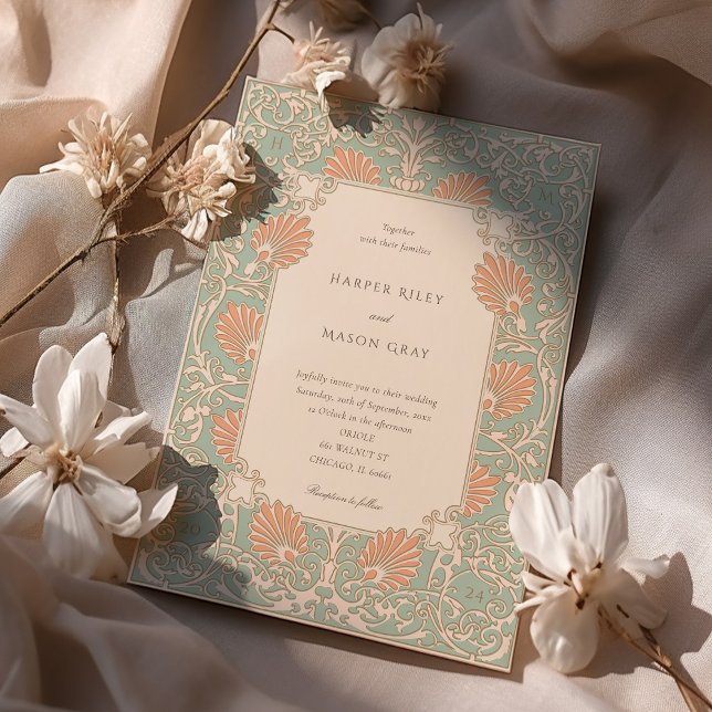 Timeless Art Nouveau Seafoam and Peach Wedding Invitation (Creator Uploaded)