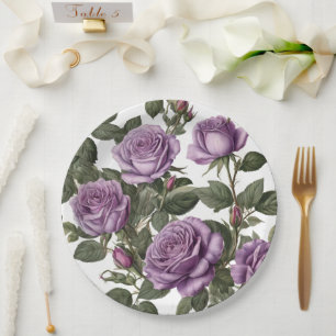 "Timeless Beauty: Purple Provincial Vintage Roses" Paper Plate