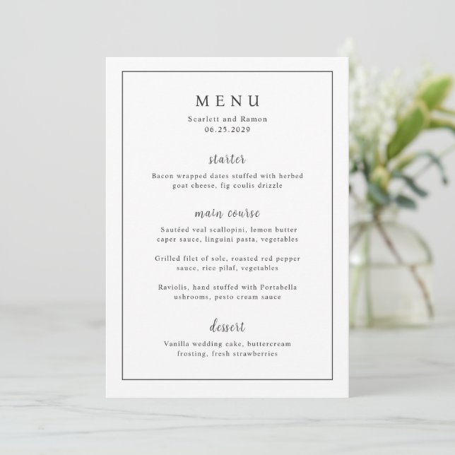 Timeless Black and White Elegant Wedding Menu (Standing Front)