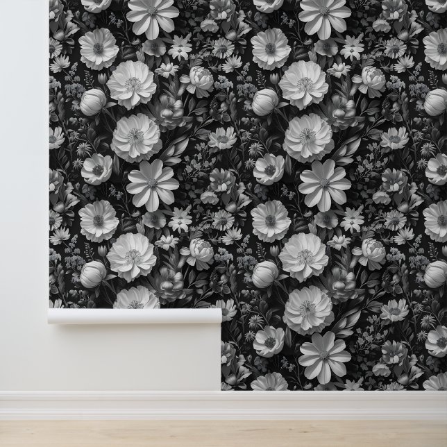 Timeless Black and White Floral Peel and Stick  Wallpaper (Application)