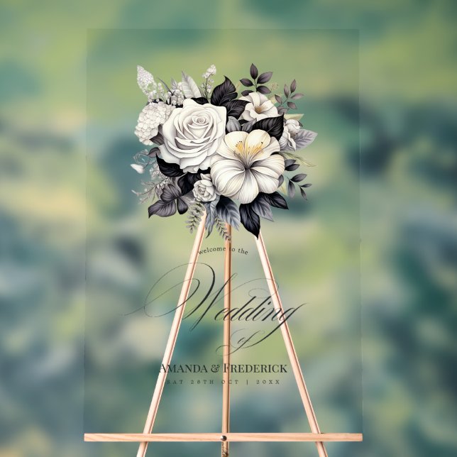 Timeless Black and White Floral Wedding Welcome Acrylic Sign (Neutral)
