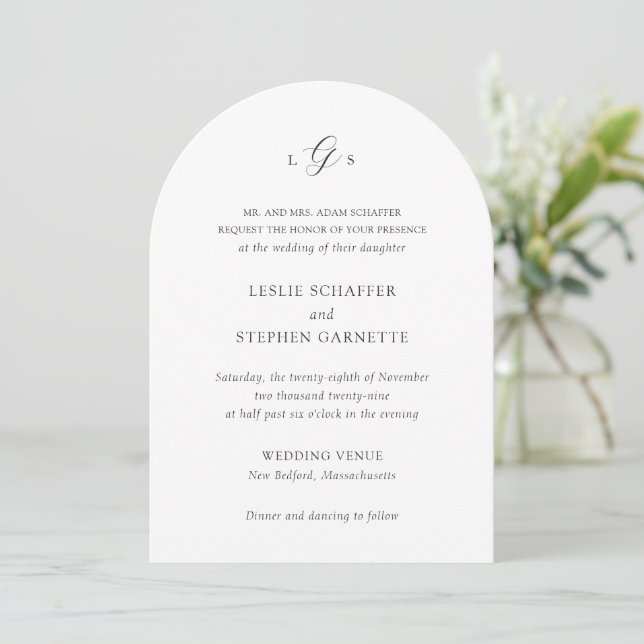 Timeless Black and White Monogram Elegant Wedding Invitation (Standing Front)