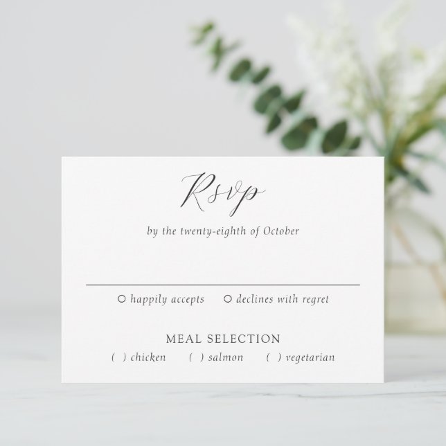 Timeless Black and White Monogram Elegant Wedding RSVP Card (Standing Front)