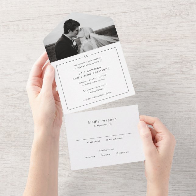 Timeless Black and White Monogram Modern Wedding All In One Invitation (Tearaway)