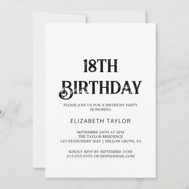 Timeless Black Calligraphy 18th Birthday  Invitation (Front)