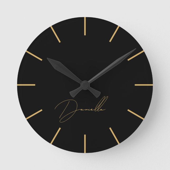 Timeless Black & Gold Luxury Script Name Round Clock (Front)