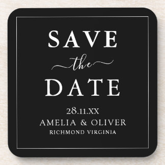 Timeless Black Minimalist Wedding Save The Date Coaster