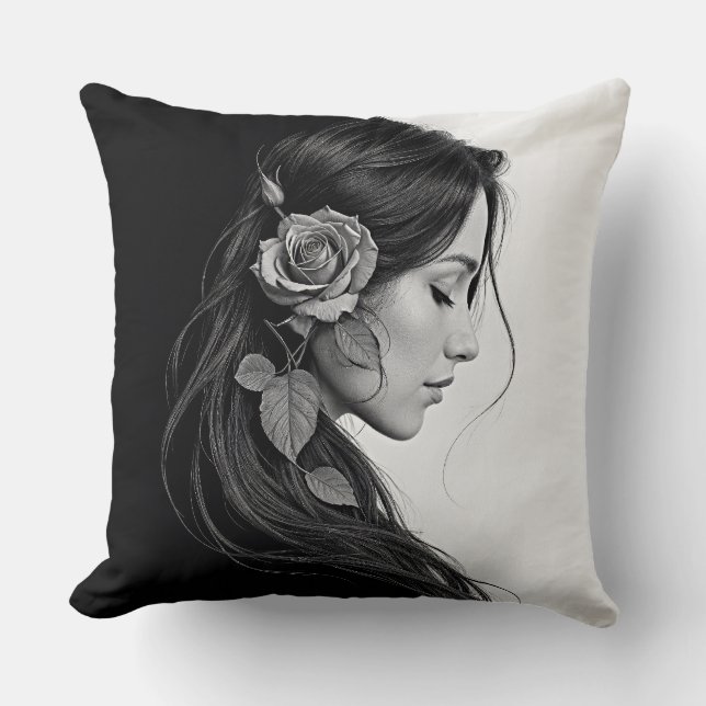 Timeless black white dramatic floral hair design cushion (Front)