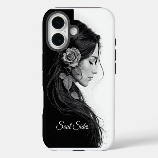 Timeless black white dramatic floral hair design iPhone 16 case