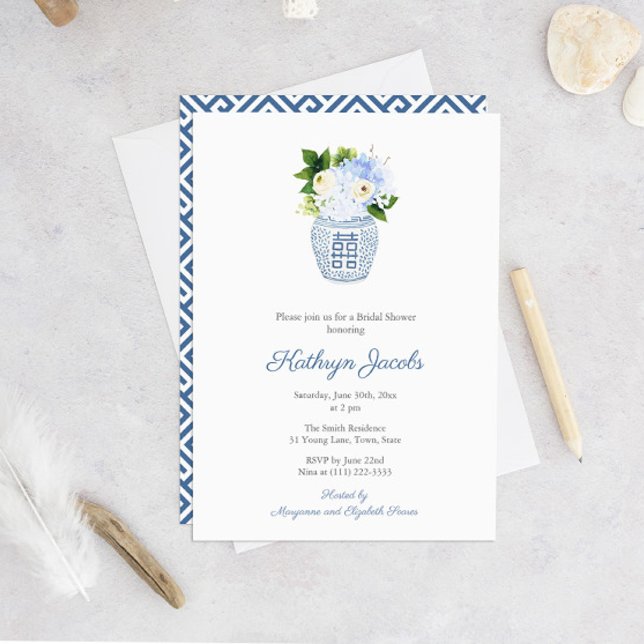 Timeless Blue And White Ginger Jar Bridal Shower Invitation (Chinoiserie Chic Navy And White Watercolor Bridal Shower Invitation With Greek Key Print Backer)