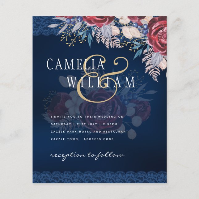Timeless Blue Burgundy Floral Lace Wedding Flyer (Front)