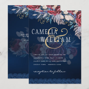 Timeless Blue Burgundy Floral Lace Wedding Invitation