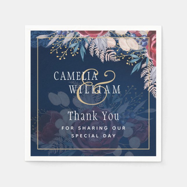 Timeless Blue Burgundy Floral Lace Wedding Napkin (Front)