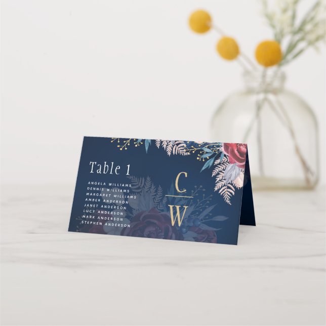 Timeless Blue Burgundy Floral Lace Wedding Place Card (Front)