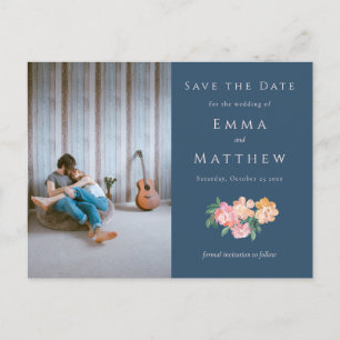 Timeless Blue Floral - QR & Photo Announcement Postcard