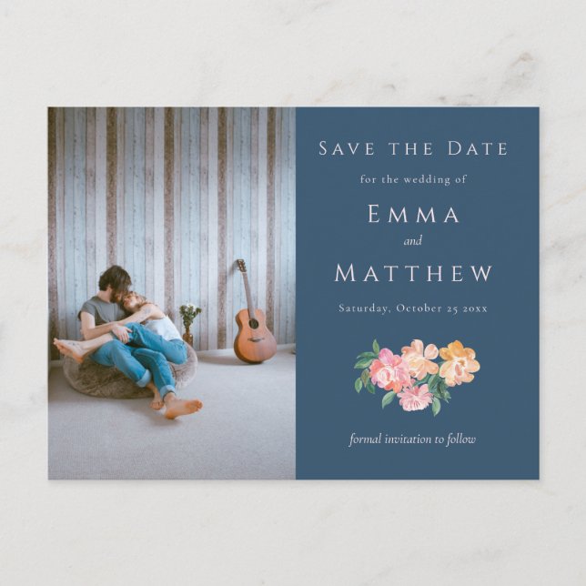 Timeless Blue Floral - QR & Photo Announcement Postcard (Front)