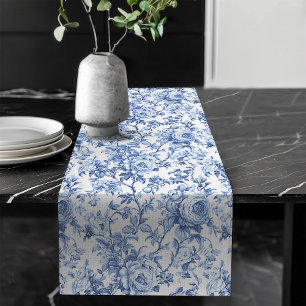 Timeless Blue French Toile Roses Floral Table Runn Long Table Runner