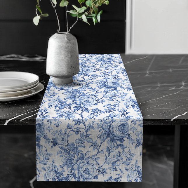 Timeless Blue French Toile Roses Floral Table Runn Long Table Runner (Timeless Blue French Toile Roses Floral Table Runner)