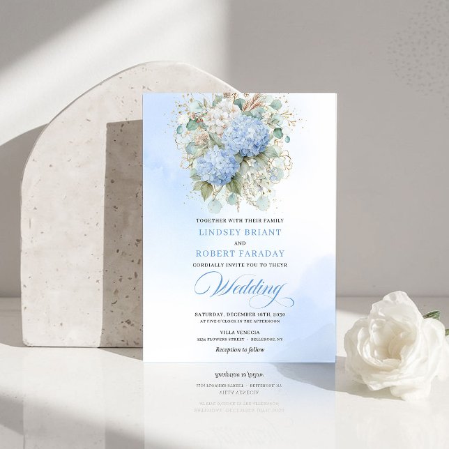 Timeless Blue Hydrangea Gold Floral Wedding Invite (Timeless Blue Hydrangea Gold Floral Wedding Invitation)