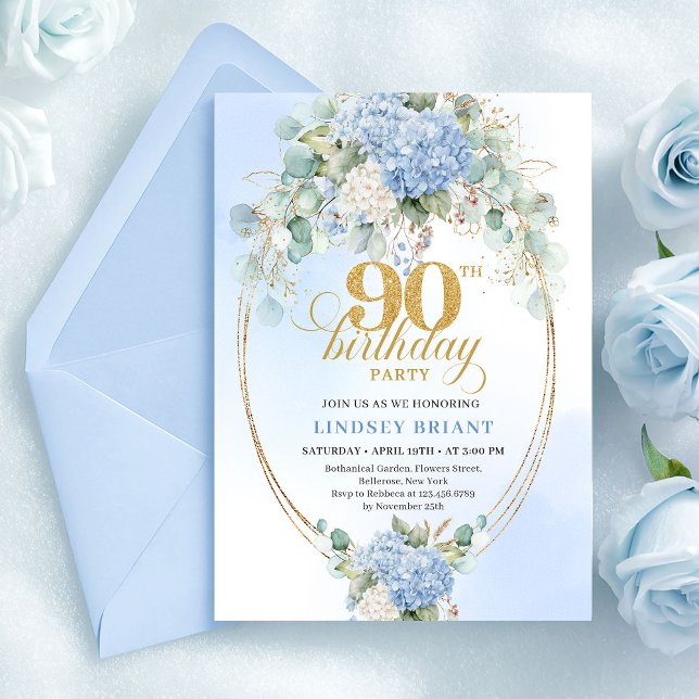 Timeless Blue Hydrangea Watercolor 90th Birthday Invitation (Timeless Blue Hydrangea Watercolor 90th Birthday)