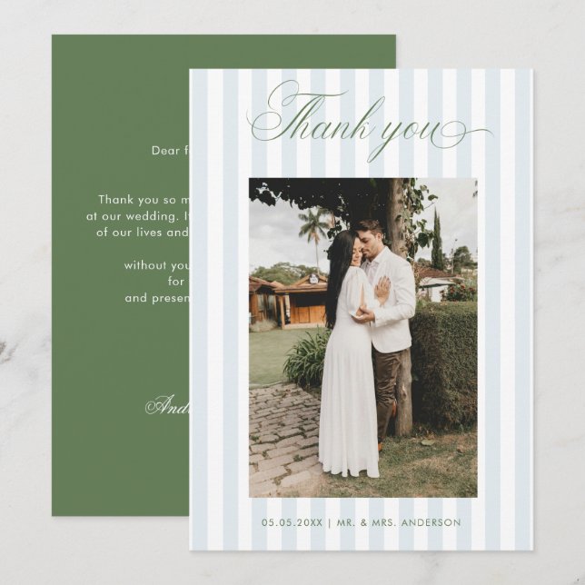 Timeless Blue Stripes Sage Green Script Wedding Thank You Card (Front/Back)
